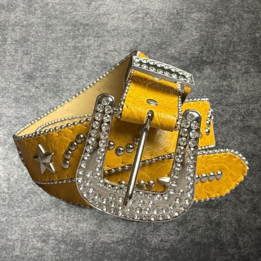 Yellow Star Studded Rhinestone Belt Western Silver Tone Y2K McBling